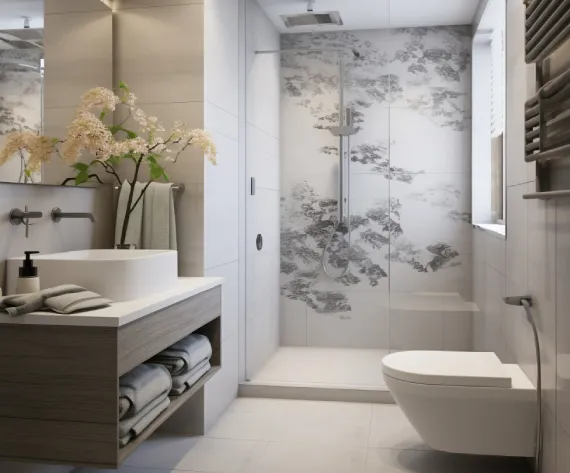 A contemporary bathroom featuring a shower, toilet, and sink.